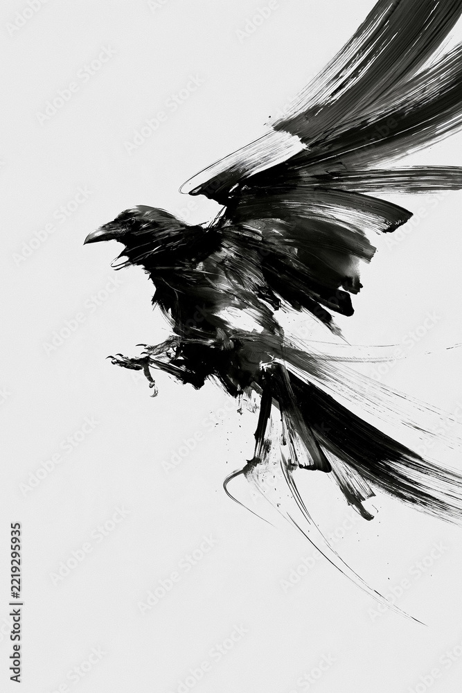 Fototapeta premium Dynamic black ink painting showing a raven with powerful wings and talons, symbolizing strength, motion, and artistic expression