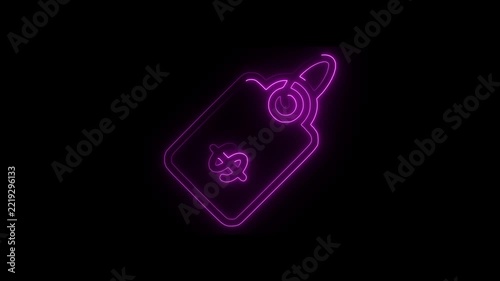 Neon purple shopping tag icon with skull symbol glowing outline on black background concept for sale discount or Halloween