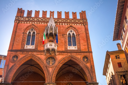 The ornate facade of the chamber of commerce in Piazza della Mercanzia in the historic University city of Bologna,