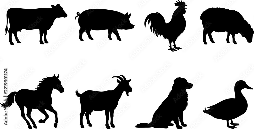 Fototapeta premium Collection of domestic farm animal silhouettes including cow, horse, and pig isolated on white background.