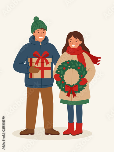 Couple celebrating Christmas with gift and wreath flat vector illustration. Cheerful holiday illustration perfect for Christmas cards, family, and seasonal designs.