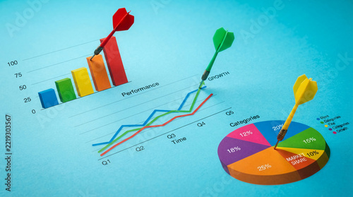 Bar and line graphs with darts represent business success and goal achievement, symbolizing strategic planning and performance tracking