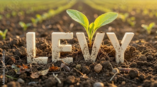 Green plant sprout growing behind white levy text letters in agricultural soil field representing agricultural tax, environmental duty, and green finance
