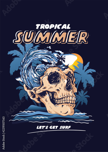 Canvas Print Tropical summer skull surfing wave graphic illustration for apparel