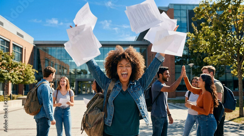 Diverse group of students celebrating success on campus, perfect for university enrollment brochures, student loan advertisements, and global education marketing campaigns