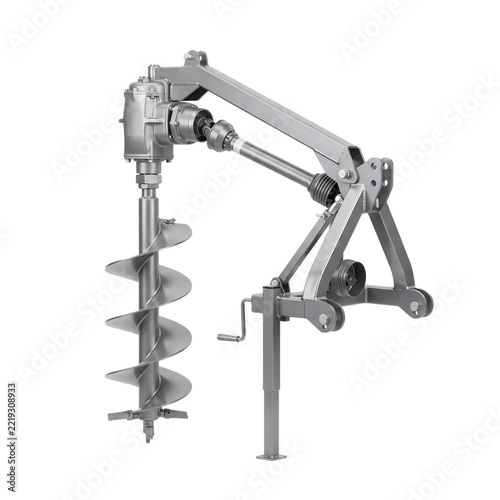 Tractor mounted post hole digger auger attachment isolated
