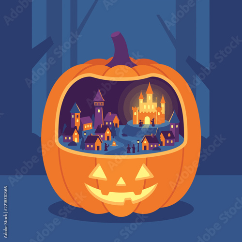 Illuminated pumpkin with Halloween village scene and castle inside  