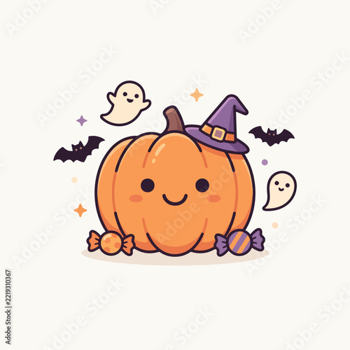 Cute Halloween pumpkin with candy, ghosts, and bats for celebration  
