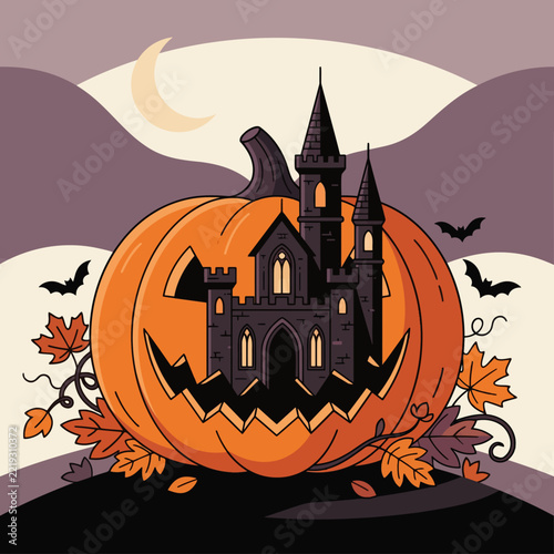 Gothic castle emerging from a pumpkin with bats and autumn leaves  
