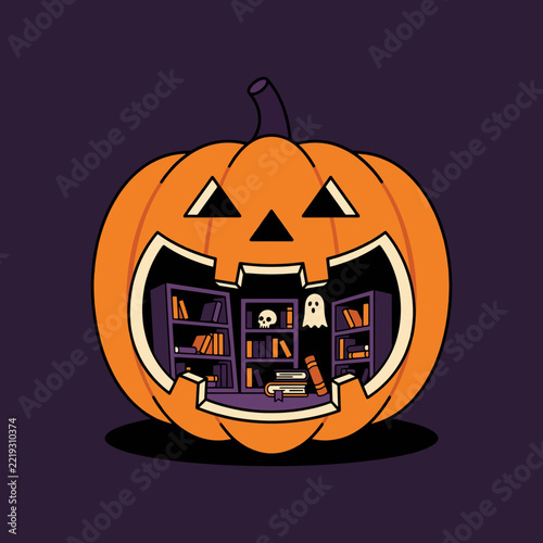 Halloween pumpkin with books and ghost inside on purple background  