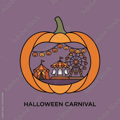 Halloween carnival inside carved pumpkin with festive decorations  