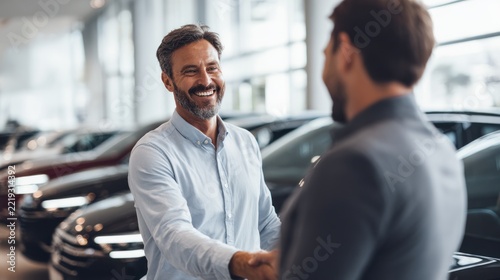 Smiling Caucasian man shakes hands with customer in car dealership, vehicles displayed in background