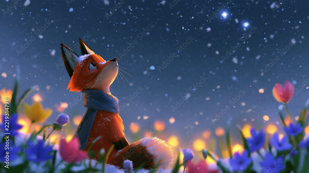 Fototapeta premium Faceless fox lover in a snowing winter starry night with flower scenery, romantic Valentine background, with copy space