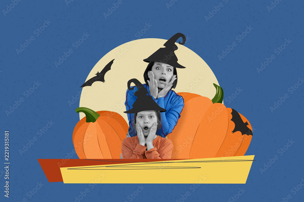 Fototapeta premium Surprised Emotion. Happy Caucasian Female Adult And Girl Wearing Witch Hats Expressing Surprise While Posing Together Among Halloween Pumpkins In Festive Autumn Setting. Halloween Concept.