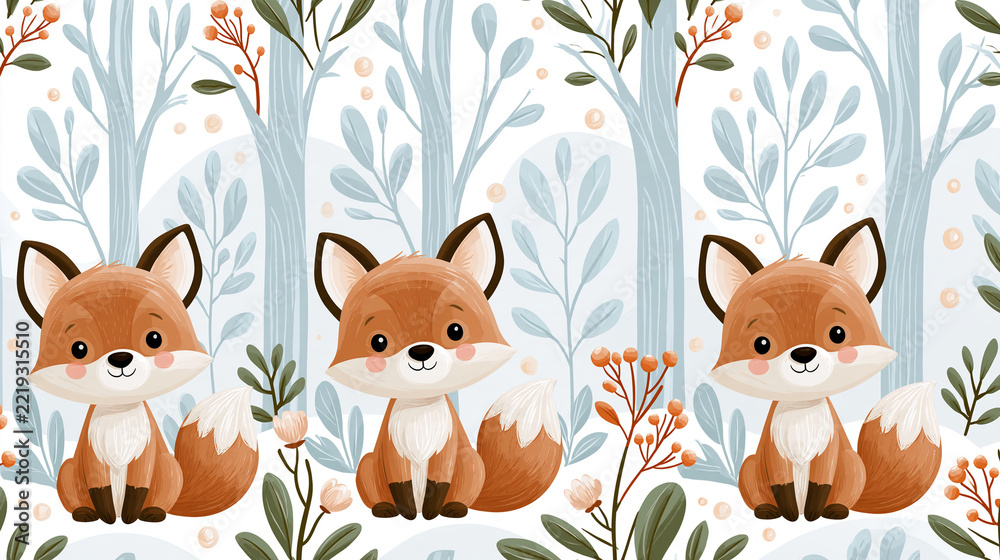 Fototapeta premium Mini woodland animals pastel nursery wallpaper, adorable fox cubs in an enchanted forest, tiny forest friends, cute little animals in soft woodland scenery, with copy space