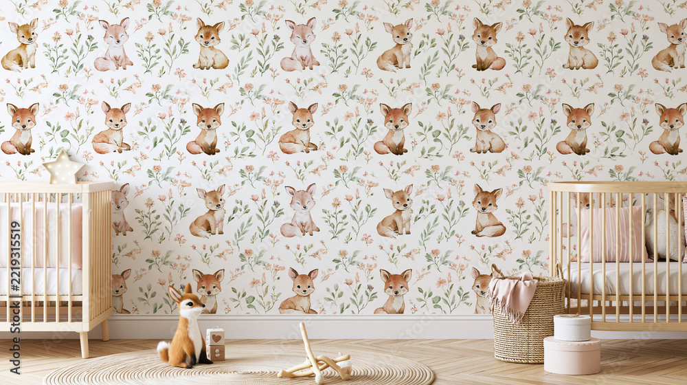 Fototapeta premium Mini woodland animals pastel nursery wallpaper, adorable fox cubs in an enchanted forest, tiny forest friends, cute little animals in soft woodland scenery, with copy space