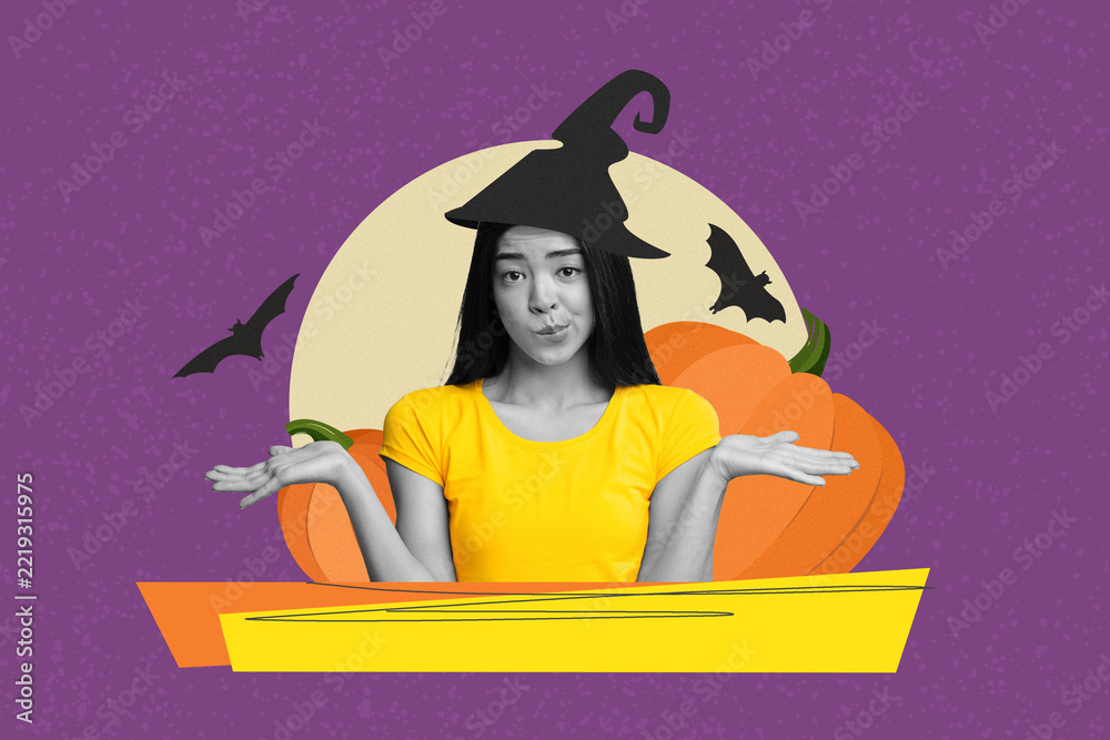 Fototapeta premium Confused Young Asian Woman Wearing Witch Hat With Pumpkin, Holding Hands Out In Questioning Gesture. Expressing Uncertainty At Halloween Theme Setting With Orange And Purple Background.