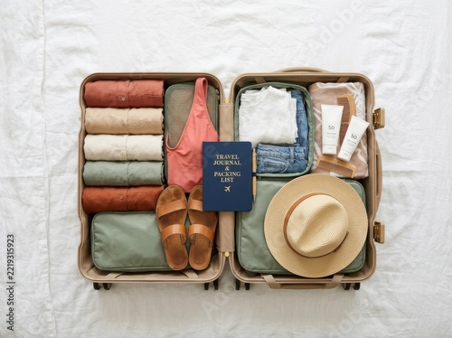 Packed suitcase with travel essentials on bed ready for a summer trip
