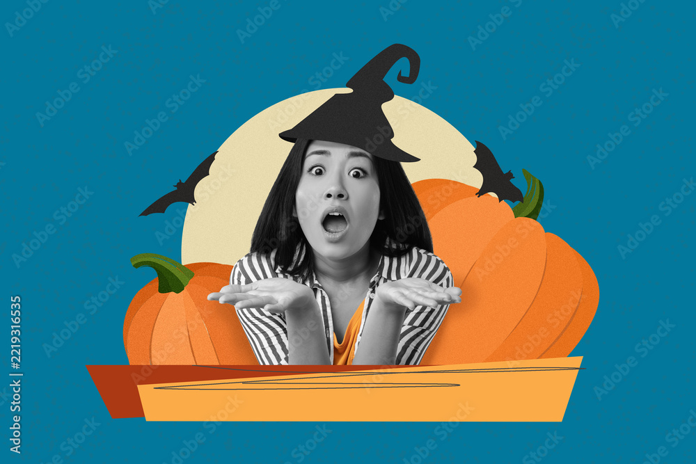 Fototapeta premium Surprised Young Asian Woman With Halloween Hat Raising Hands, Sitting Among Pumpkins, Expressing Surprise At Autumn Theme In Seasonal Setting, Ready For Festivities, Halloween Concept.