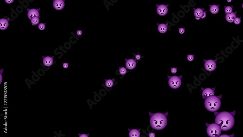 purple angry devil emoji falling horn face emoticon overlay on black background spooky motion video