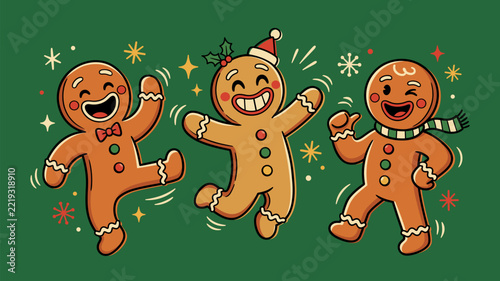 Dancing gingerbread men retro cartoon illustration on green background. Three cheerful gingerbread cookie characters with bow tie, Santa hat, and scarf celebrate with playful poses and sparkles.