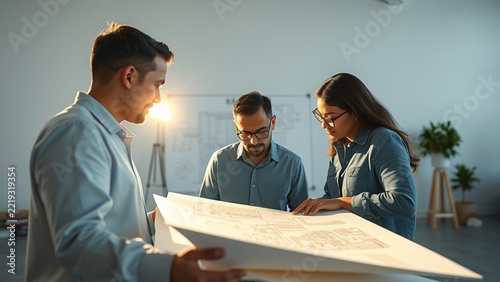 Diverse architectural studio reviewing holographic 3D BIM blueprints