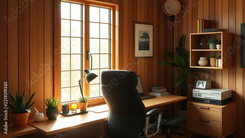 Ergonomic home office bathed in morning sunlight