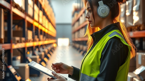 Female logistics coordinator directing automated distribution center
