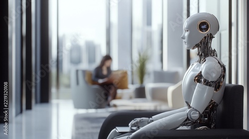 An advanced humanoid robot sitting attentively in a modern office waiting area with blurred background workspace