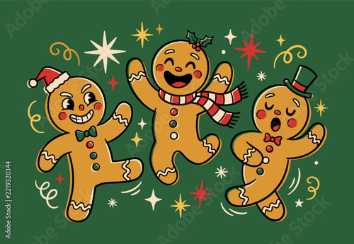 Dancing gingerbread men retro cartoon illustration on green background. Fun Christmas illustration perfect for holiday branding, packaging, and festive party designs.