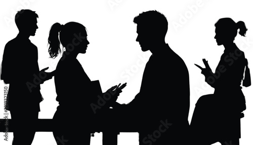 Businessmen and businesswomen silhouettes standing and interacting together in a corporate setting against a plain white background.