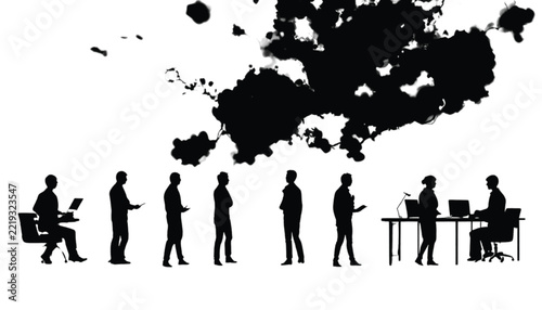 Employees gathered across a room beneath a large abstract ink blotch demonstrate corporate teamwork and collaborative project execution.