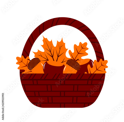 Flat vector illustration of wicker basket filled with autumn leaves (oak and maple), chestnuts and acorns isolated on white background. Seasonal fall concept in warm orange and brown colors.