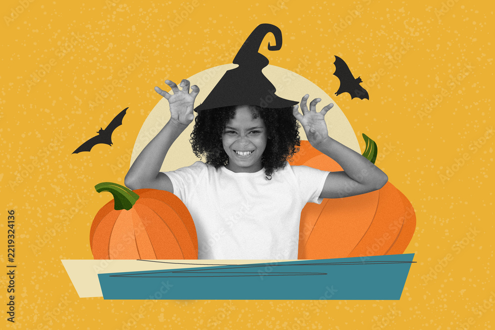 Fototapeta premium Joyful Emotion. Happy Black Girl Age Group Child Celebrating Halloween By Wearing Witch Hat And Posing With Pumpkins In Festive Setting, Cheering With Excitement. Halloween Concept.