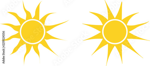 Yellow Sun Icon Set, Sunny Weather Symbols with Sunlight Rays, Sunset, Summer Heat and Solar Energy Vector Illustrations.