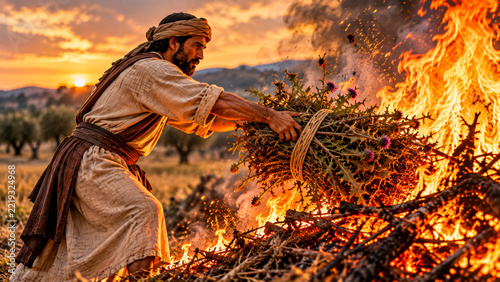 The harvesters gather the weeds, tie them into bundles, and burn them.
