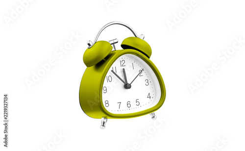 Modern Green analog table clock with a unique geometric shape and double bells. High-quality studio shot of a blue timekeeping device, perfect for product catalogs and e-commerce.