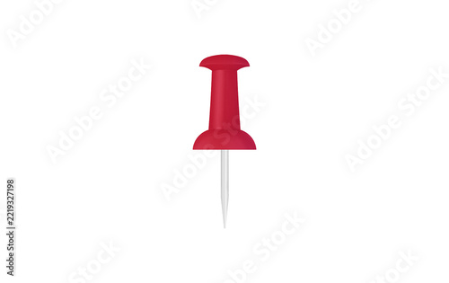Red pushpin isolated on clean white background with copy space. Classic plastic thumbtack visual element for office stationery catalog, memo pinboard mockup, and business presentation design