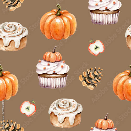Watercolor seamless pattern with pumpkin,cupcake,cinnamon roll,pine cone,apple.Autumn treats.Fall sweety food background.Hand painted elements.Autumn season endless background