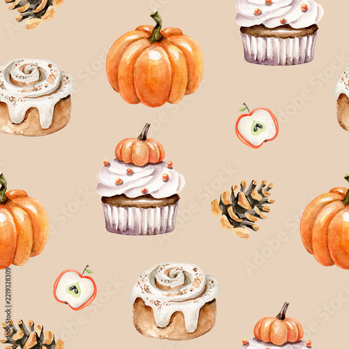 Watercolor seamless pattern with pumpkin,cupcake,cinnamon roll,pine cone,apple.Autumn treats.Fall sweety food background.Hand painted elements.Autumn season endless background
