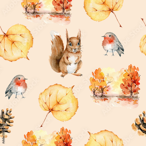 Watercolor autumn seamless pattern with forest animals and fall nature elements. Hand painted squirrel,bird,pine cone,trees,leaf.Fall background.Woodland animals
