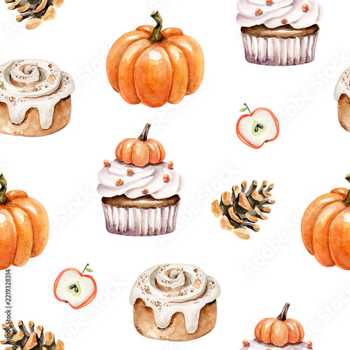 Watercolor seamless pattern with pumpkin,cupcake,cinnamon roll,pine cone,apple.Autumn treats.Fall sweety food background.Hand painted elements.Autumn season endless background