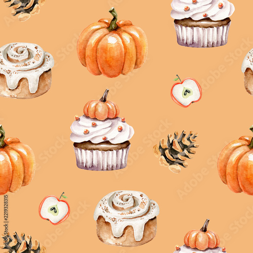 Watercolor seamless pattern with pumpkin,cupcake,cinnamon roll,pine cone,apple.Autumn treats.Fall sweety food background.Hand painted elements.Autumn season endless background