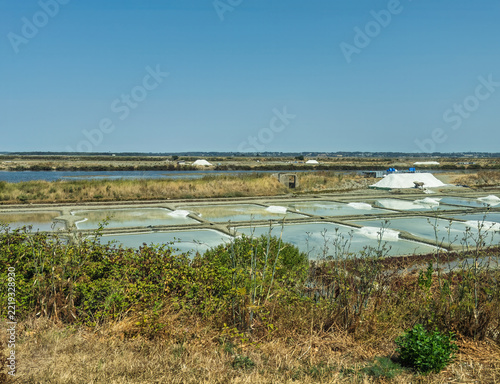 Fotografie Le Croisic, France, Europe - August 14, 2026: Flat landscape of ocean wetland where sea salt it harvested in shallow, controlled ponds under a light blue sky