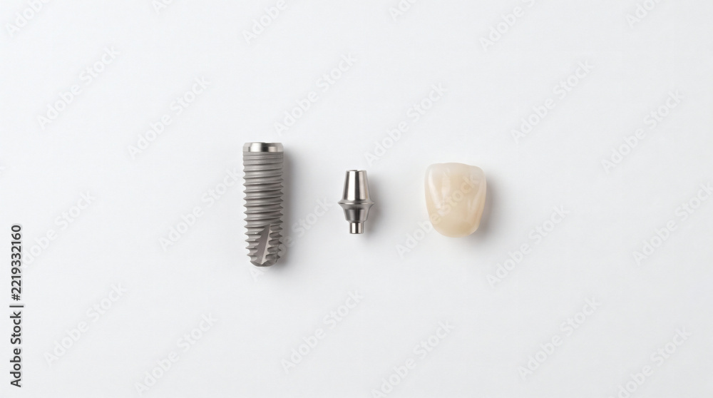 Fototapeta premium Titanium dental implant, abutment and ceramic crown arranged in a row on a white background