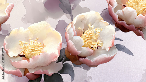 Watercolor white magnolia floral pattern with blooming branches and green leaves on dark charcoal background. Elegant botanical illustration for wallpaper, fabric and textile design.