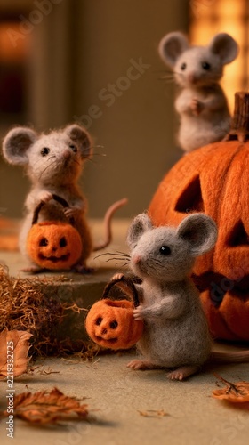 Whimsical felt mice with pumpkin buckets beside carved pumpkin, warm autumn Halloween decoration with soft handmade texture
