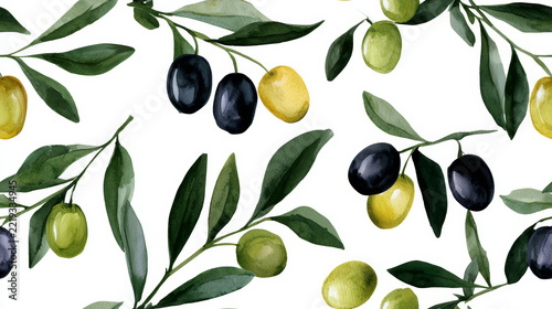 Watercolor olive branch botanical illustration with black and green olives and delicate leaves on white background. Mediterranean floral design for kitchen decor, wallpaper and textile prints.