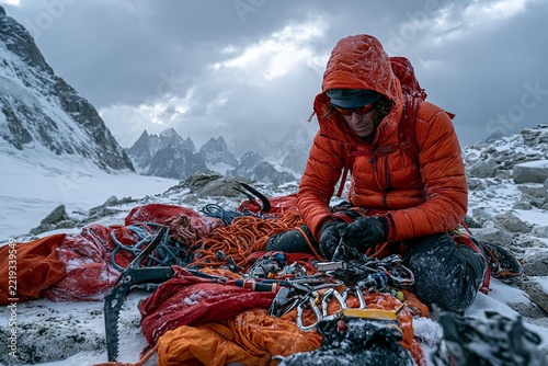 Mountaineer in orange puffer jacket preparing climbing gear on snowy rocky terrain with dramatic cloudy sky and alpine peaks in background