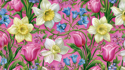 Watercolor spring floral pattern featuring pink tulip, white daffodil, blue bellflower and lush green foliage on a vibrant pink background. Romantic botanical design for wallpaper and fabric.